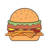 Burger and fries on wooden background. Burger with cheddar cheese. bacon and onion. vector