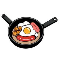 Close view of english breakfast in a pan with fried eggs sausages bacon mushrooms vector