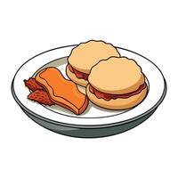 Homemade buttermilk biscuits with sausage gravy and crispy bacon on a rustic plate vector