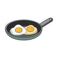 A couple of fried eggs sitting on top of a pan of frying pans on top of a table. vector