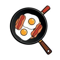 Fried eggs with bacon in frying pan with oil. top view vector