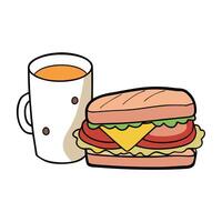 A ham and bacon sandwich with lettuce. tomato. cheese. next to a cup of coffee vector