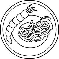 A plate of a pasta dish with shrimp and bacon on it. AI vector