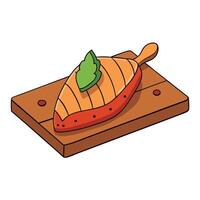 A chicken fillet grilled on a cedar plank. served with a tangy mango salsa vector