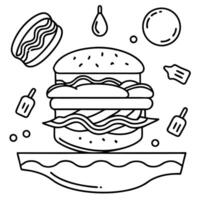 Floating ingredients of a delicious burger with bacon. cheese. and vegetables vector