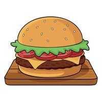 Close Up of a Juicy Cheeseburger With Bacon and Lettuce on a Wooden Table vector
