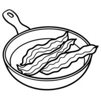 Fried bacon in a frying pan. close up vector