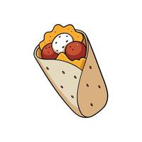 Breakfast burrito with chorizo and egg cut in half served with sour cream vector