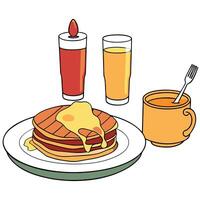 A pancake breakfast spread with pancakes. bacon. eggs. and fresh orange juice vector