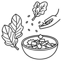Hand tossing spinach leaves into a salad bowl. bacon strips on the corner vector