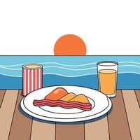 A plate of bacon and eggs with a glass of orange juice on a table by the ocean vector