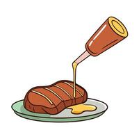 A juicy steak being drizzled with oil and sauce. enhancing its flavor and vector
