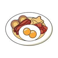 Hearty breakfast with scrambled eggs. bacon. and mushrooms on white dish vector