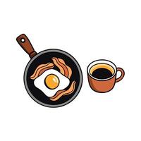 Fried egg and bacon breakfast with coffee in a pan with copy space image vector