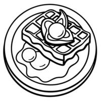 A plate of waffles is topped with crispy bacon and a perfectly fried egg vector