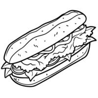 Baguette sandwich with bacon cheese tomatoes and lettuce on marble surface vector