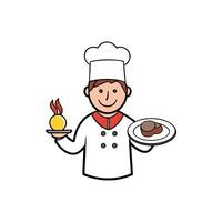 A chef is holding a plate with a breakfast meal consisting of eggs. bacon vector