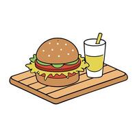Cheeseburger with toppings. fries. and beer. presented on a cutting board. vector