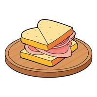 A sandwich with ham and cheese is cut in half and placed on a wooden plate vector