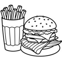 Deluxe grilled burger with bacon and gorgonzola served with fries and beer vector