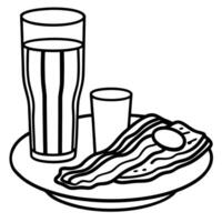 A plate of bacon and eggs sits on a table next to a glass of orange juice vector
