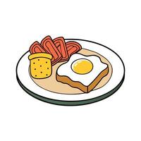 American scrambled eggs with crispy bacon and toast. served on a plate vector