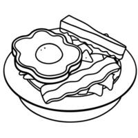 Close up of bacon and egg sandwich on white plate against white backdrop vector