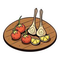 Grilled Lamb Chops with Garlic. tomatoes. lemon. on old wooden table vector
