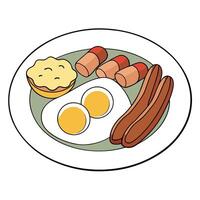 A breakfast platter with scrambled eggs. bacon. and various sausages. vector