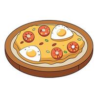 Breakfast pizza with bacon. scrambled eggs. and cheese on a wooden table vector