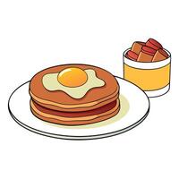 A delicious breakfast of pancakes. bacon. and eggs is served on a plate vector