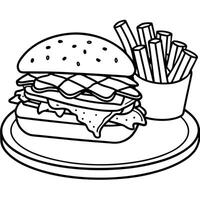 A cheeseburger with bacon. lettuce. and a side of fries on a wooden plate vector
