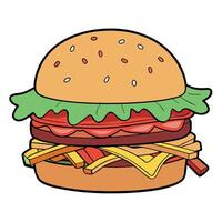Close-up of a juicy hamburger with crispy bacon and french fries. vector