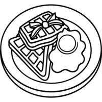A plate of waffles topped with crispy bacon and a fried egg on top vector