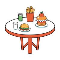 A table with a variety of food items including a hamburger. fries vector