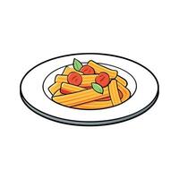 Close-up of a plate of pasta with bacon. parmesan cheese. and basil. vector