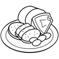 A plate of ham and bread with a few pieces of bread on the left side vector
