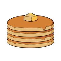A close-up image of a stack of three pancakes with butter and syrup. vector