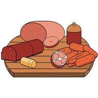 Assortment of processed cold meat products. On a wooden background. vector