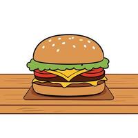 Cheeseburger with Toppings on Wooden Surface in Restaurant Setting vector