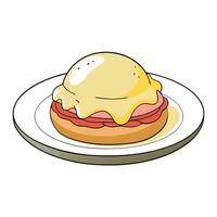 A plate of eggs Benedict with hollandaise sauce and Canadian bacon. vector