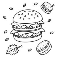 Hamburger with flying ingredients like tomatoo. salad. cheese. meat. vector