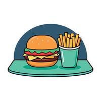 Fresh tasty burger and fries on the table and on a dark background. vector
