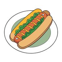 Hot dog with various toppings arranged on a plate viewed from above vector
