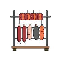 Hung sausages on a rack. variety of sizes and types of cured meats vector