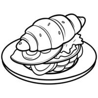 Delicious croissant sandwich with egg and ham. up close on a plate. vector
