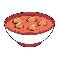 Close up bowl of tomato clam chowder with clams and bacon on table vector