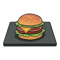 Delicious double bacon burger on a slate plate with copy space image. vector