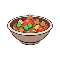 A bowl of hearty stew with chunks of meat and colorful vegetables. vector