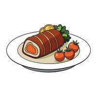 Delicious bacon wrapped filet mignon served with roasted vegetables vector